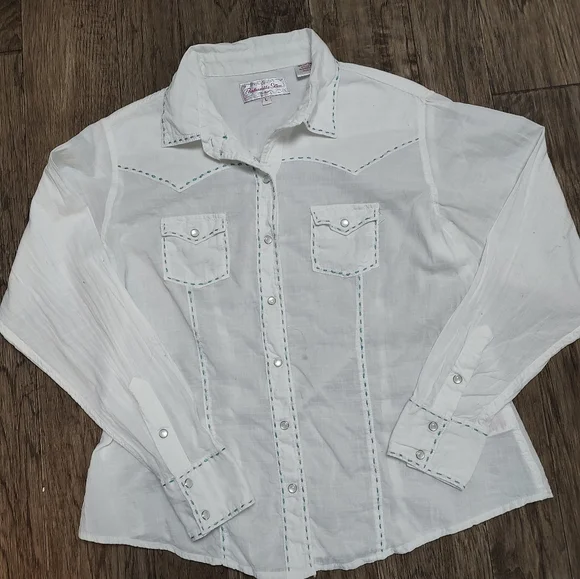 Panhandle Slim white with decorative stitches white pearl snap shirt Size L - Picture 11 of 16